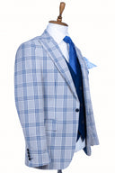 BEIGE BLUE PLAID 3 PIECE SUIT