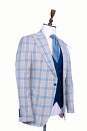 BEIGE BLUE PLAID 3 PIECE SUIT