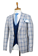BEIGE BLUE PLAID 3 PIECE SUIT