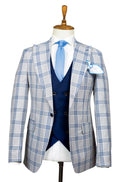 BEIGE BLUE PLAID 3 PIECE SUIT