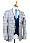BEIGE BLUE PLAID 3 PIECE SUIT