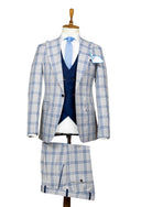 BEIGE BLUE PLAID 3 PIECE SUIT